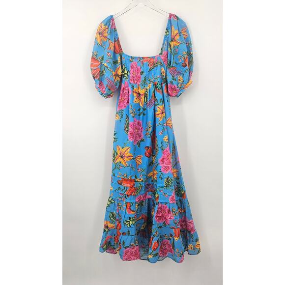 Farm Rio Toucans Garden Blue Floral Puff Sleeve Open Back Midi Dress XS‎ - Picture 3 of 14